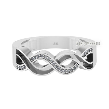 925 Sterling Silver Infinity Band Ring with Blank Channel and Zircon Setted, Good for Inlay Resin & Ashes Work,Keepsake/Breastmilk DIY Craft