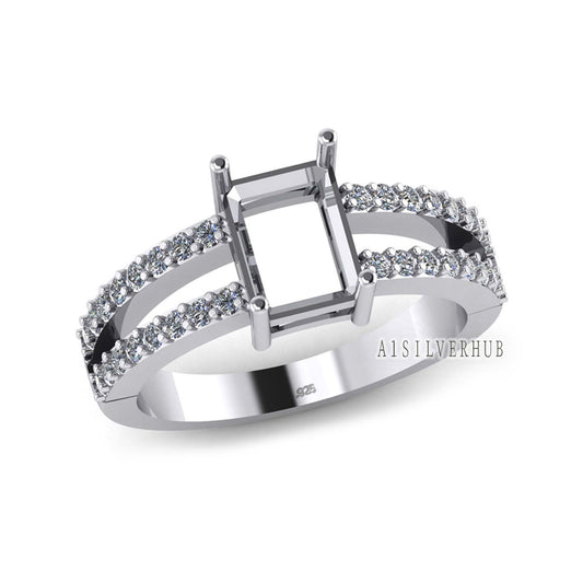 925 Sterling Solid Silver 8x6mm Octagon Semi Mounting with CZ Setted Band Ring, Good for Stone & Zircon Set Work, Keepsake Jewelry,DIY Craft