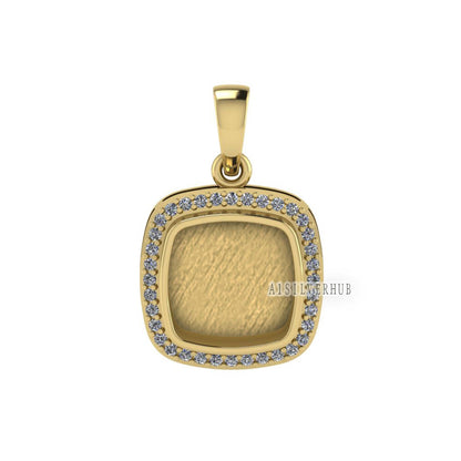 Cushion Shape Blank Bezel Pendant Surrounded with Zircon, 925 Sterling Silver Pendant, Good for Resin & Ashes Work, Keepsake Jewelry Crafts