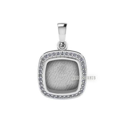 Cushion Shape Blank Bezel Pendant Surrounded with Zircon, 925 Sterling Silver Pendant, Good for Resin & Ashes Work, Keepsake Jewelry Crafts