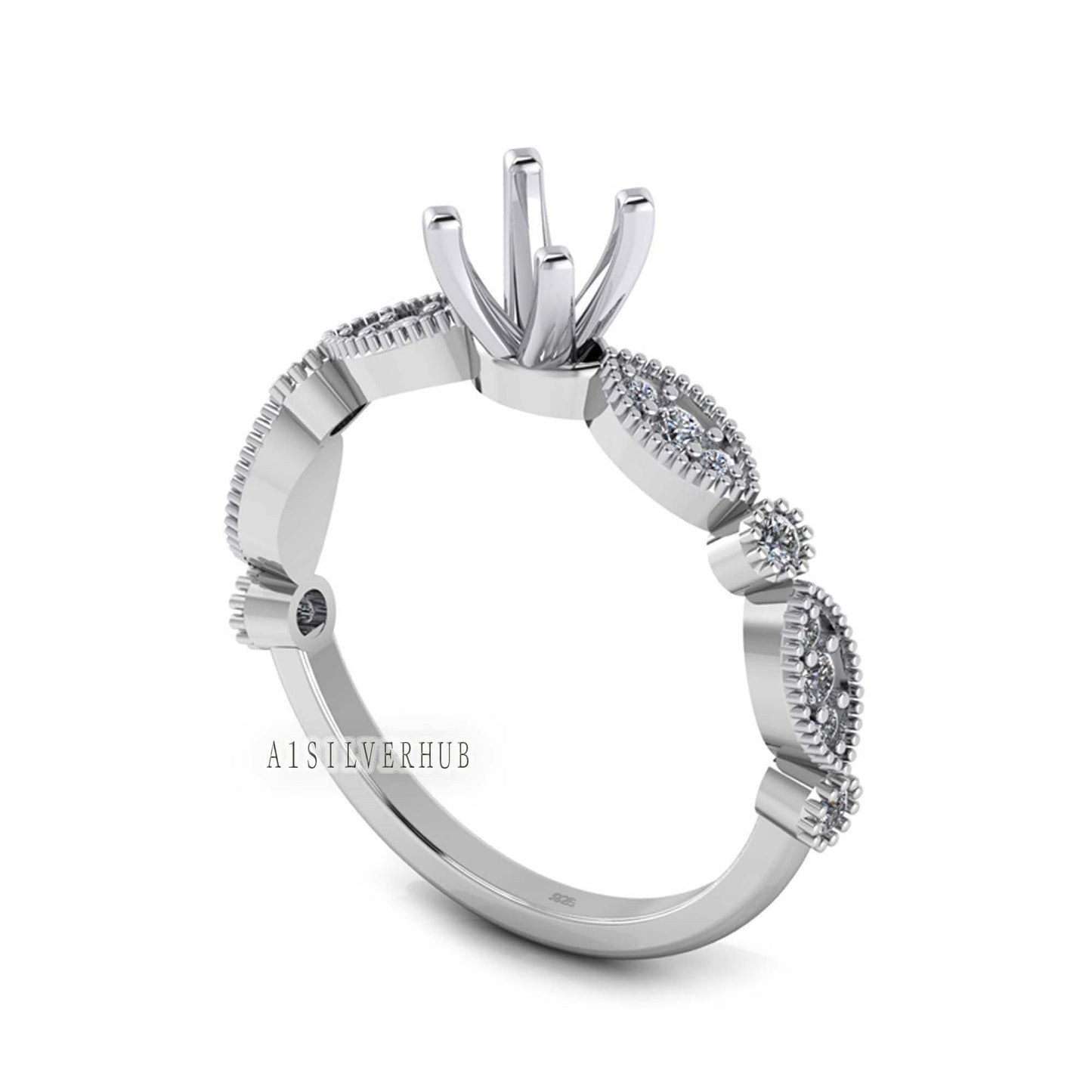 925 Sterling Solid Silver Round 5mm Pre Notched Blank V Prong With Half Eternity CZ Setted Ring, Good for Stone & Diamond Settings,DIY Craft