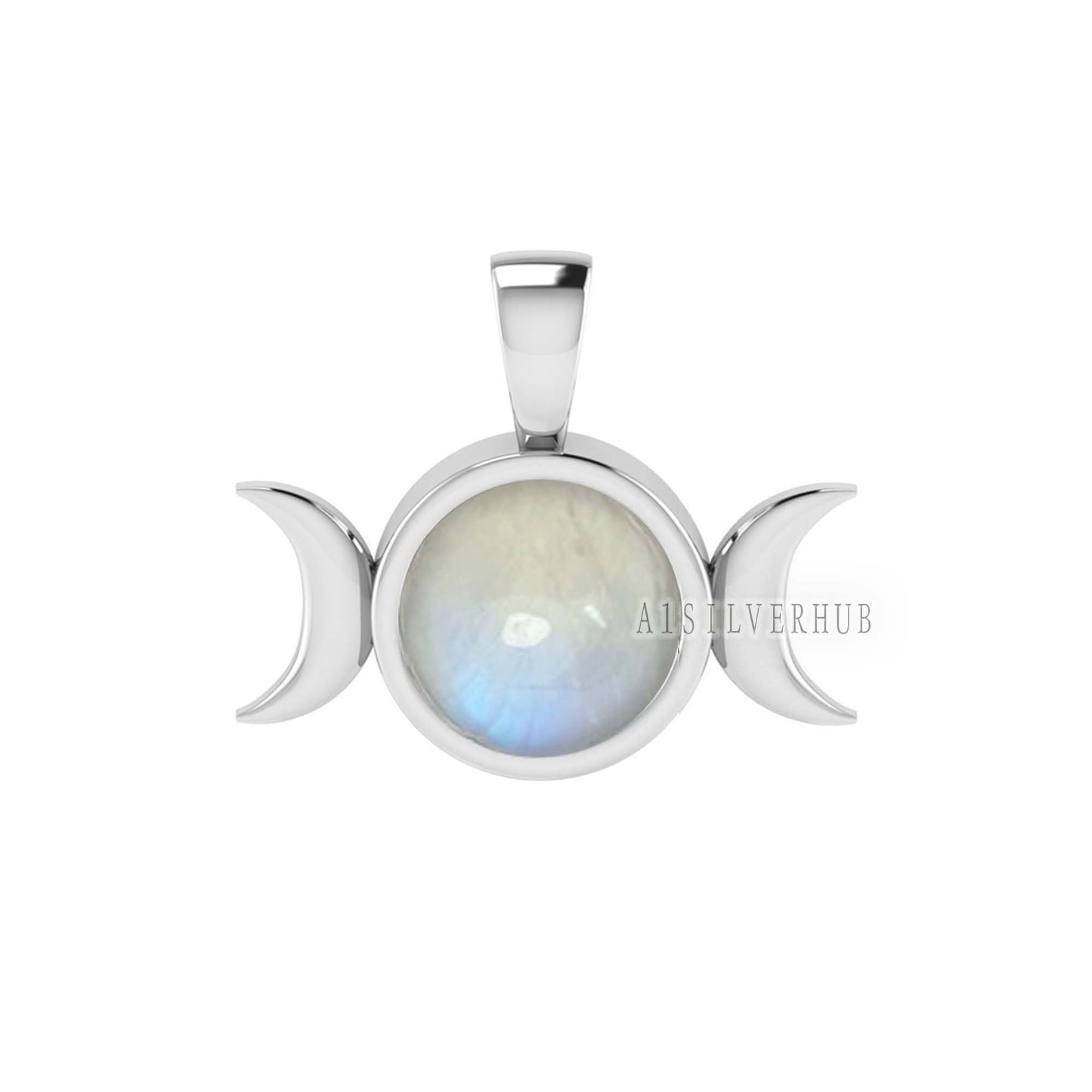 925 Sterling Silver Fiery Rainbow Moonstone Round 8mm Half Moon Designer Pendant, Keepsake Memorial Locket, Boho Pendant, Gifts For Women
