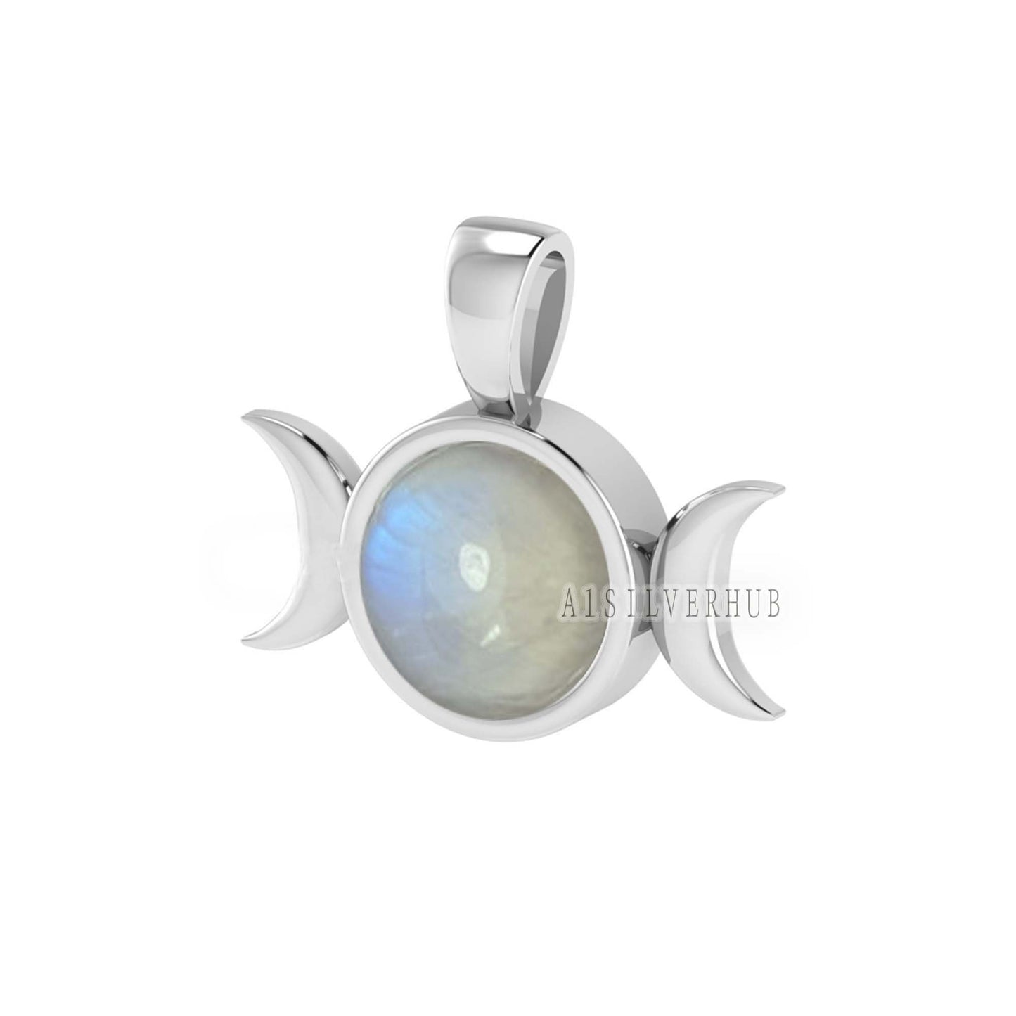 925 Sterling Silver Fiery Rainbow Moonstone Round 8mm Half Moon Designer Pendant, Keepsake Memorial Locket, Boho Pendant, Gifts For Women