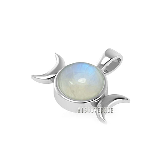 925 Sterling Silver Fiery Rainbow Moonstone Round 8mm Half Moon Designer Pendant, Keepsake Memorial Locket, Boho Pendant, Gifts For Women