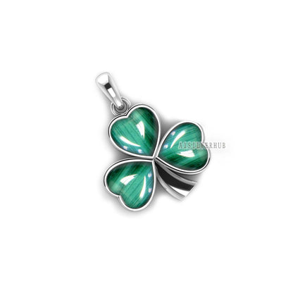 925 Sterling Silver Natural Malachite Three Leaf Heart Cabochon 9x9mm, Luck of the Irish, Shamrock Clover Pendant, Handmade Pendant, Gifts