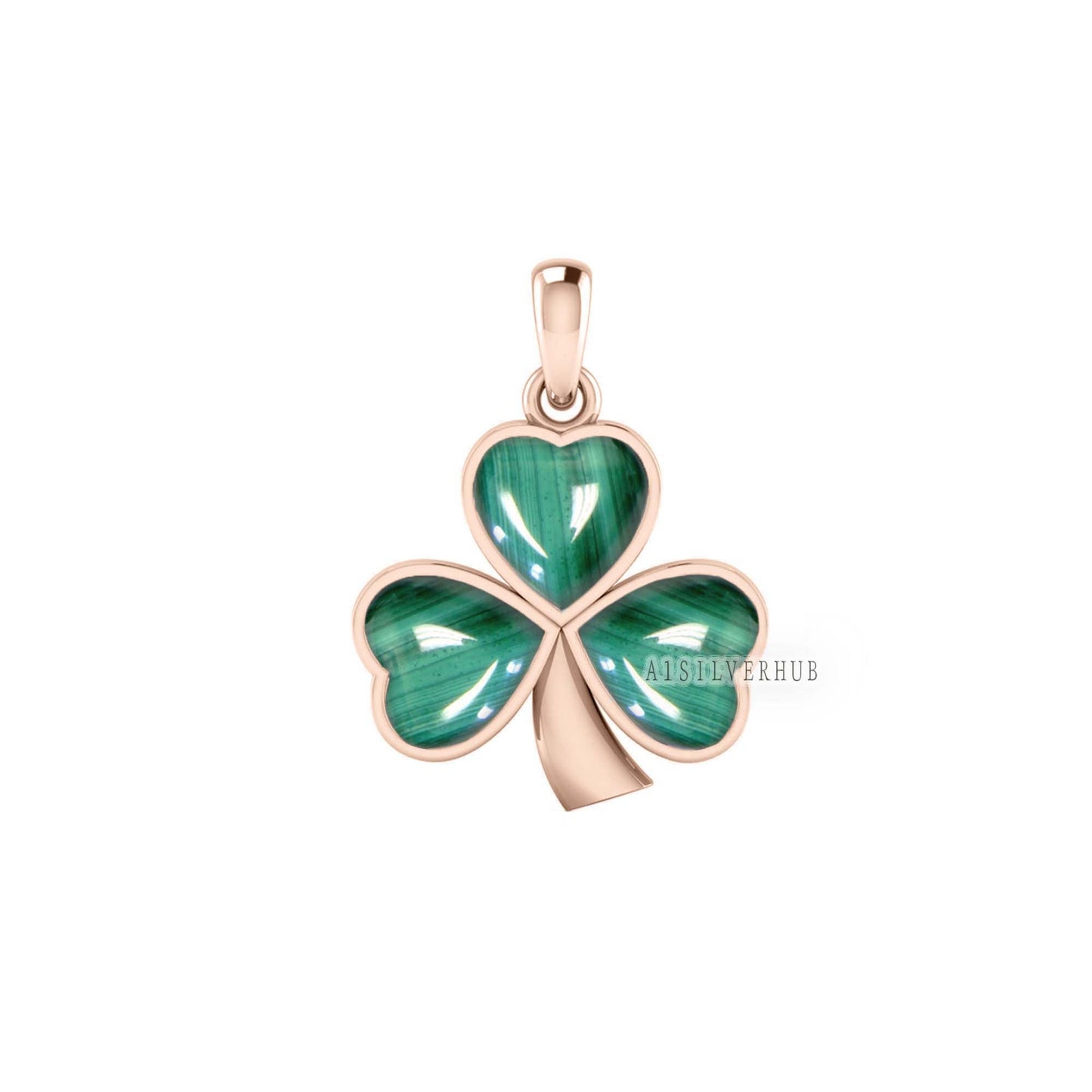 925 Sterling Silver Natural Malachite Three Leaf Heart Cabochon 9x9mm, Luck of the Irish, Shamrock Clover Pendant, Handmade Pendant, Gifts