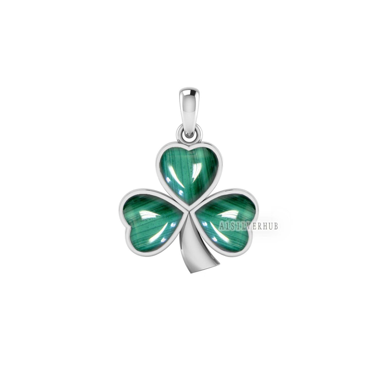 925 Sterling Silver Natural Malachite Three Leaf Heart Cabochon 9x9mm, Luck of the Irish, Shamrock Clover Pendant, Handmade Pendant, Gifts