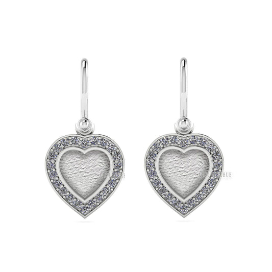 Heart Shape Blank Bezel Dangle Earrings with Zircon Setted, 925 Sterling Silver, Good for Resin & Ashes Work, Memorial Jewelry, Gift For Her