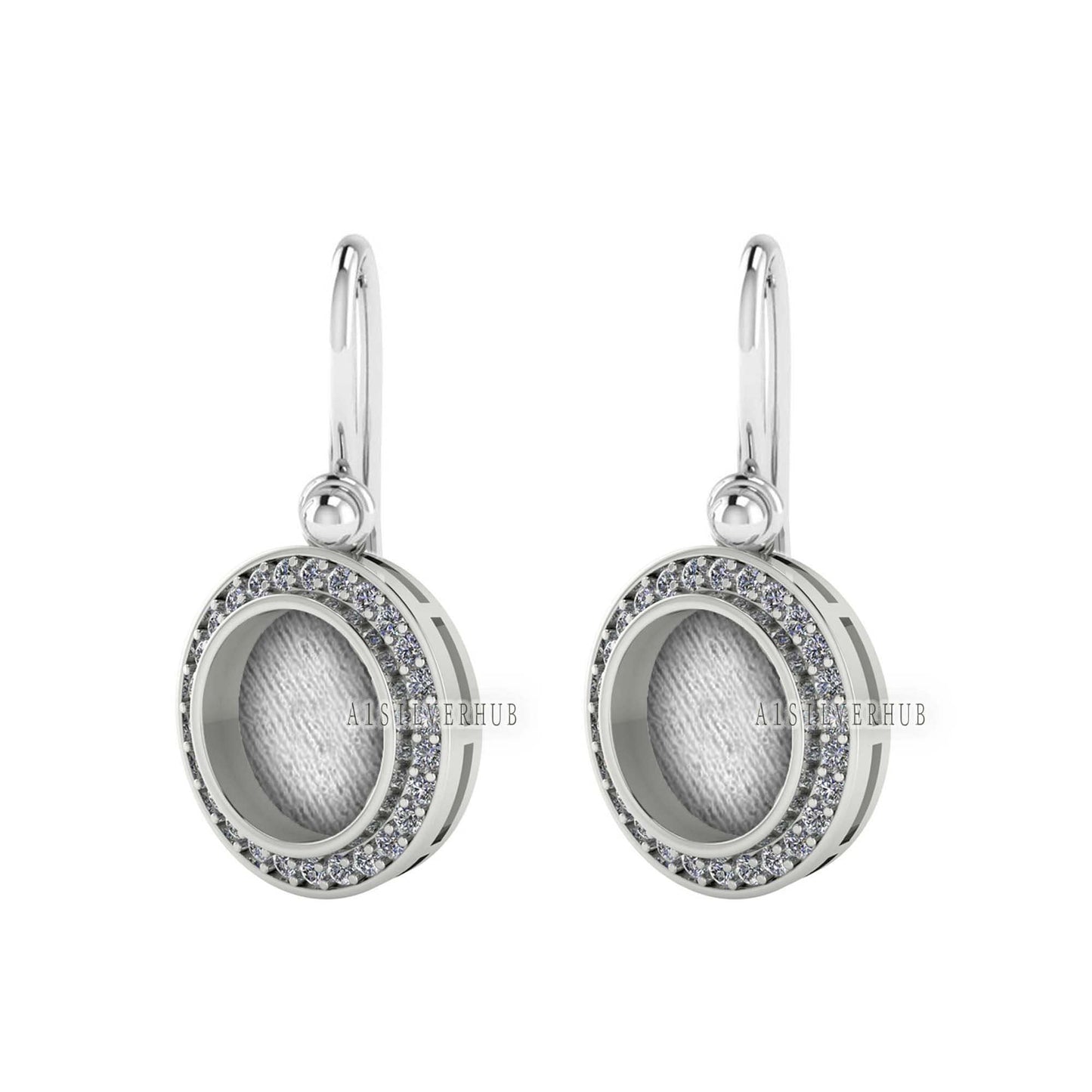 Round Shape Blank Bezel Dangle Earrings, Surrounded with CZ, 925 Sterling Silver, Good for Resin & Ashes Work, Keepsake Jewelry,Gift For Her