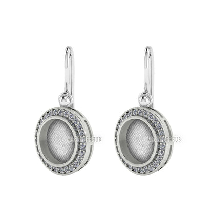 Round Shape Blank Bezel Dangle Earrings, Surrounded with CZ, 925 Sterling Silver, Good for Resin & Ashes Work, Keepsake Jewelry,Gift For Her