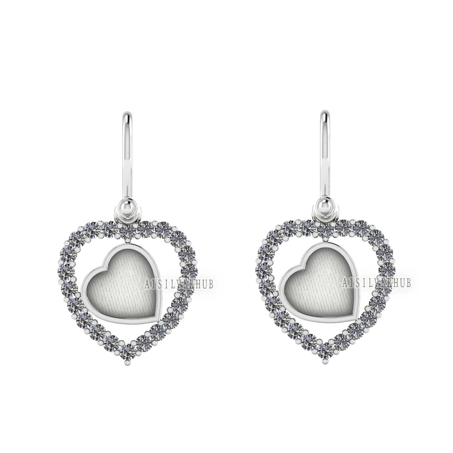Heart with Zircon Setted 8mm Blank Bezel Dangle Earrings, 925 Sterling Silver, Good for Stone, Resin & Ashes Work, Breast Milk DIY, Keepsake