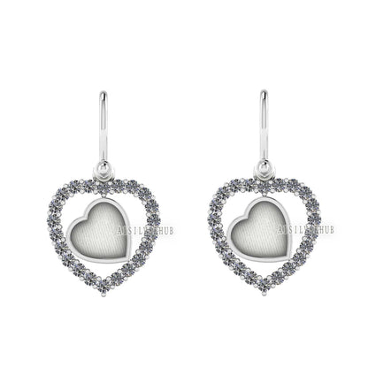 Heart with Zircon Setted 8mm Blank Bezel Dangle Earrings, 925 Sterling Silver, Good for Stone, Resin & Ashes Work, Breast Milk DIY, Keepsake