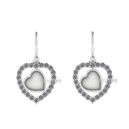 Heart with Zircon Setted 8mm Blank Bezel Dangle Earrings, 925 Sterling Silver, Good for Stone, Resin & Ashes Work, Breast Milk DIY, Keepsake