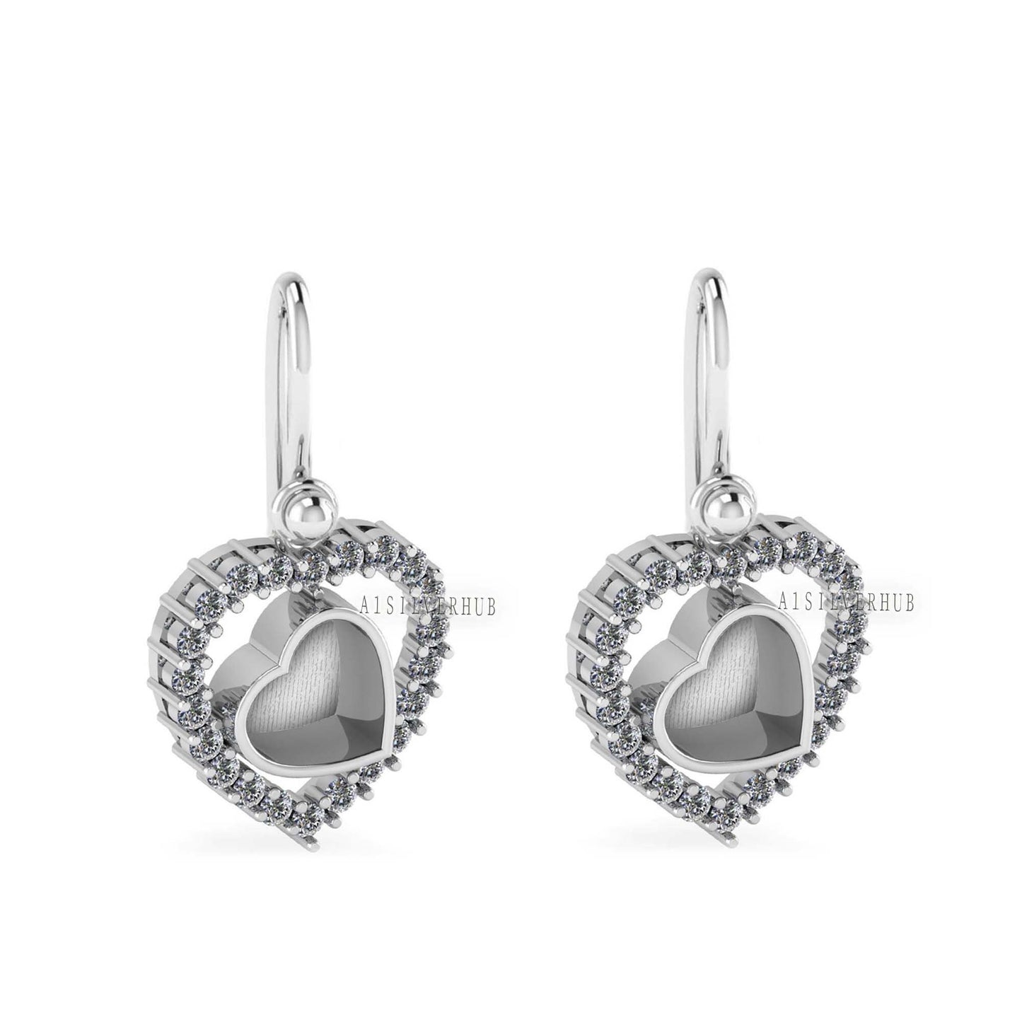 Heart with Zircon Setted 8mm Blank Bezel Dangle Earrings, 925 Sterling Silver, Good for Stone, Resin & Ashes Work, Breast Milk DIY, Keepsake