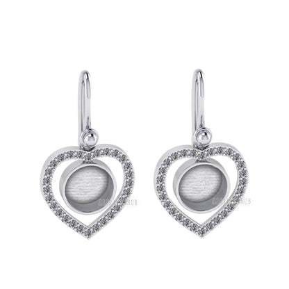 Heart with Zircon Setted 10mm Round Blank Bezel Dangle Earrings, 925 Sterling Silver, Good for Resin & Ashes, Breastmilk DIY, Keepsake Gifts