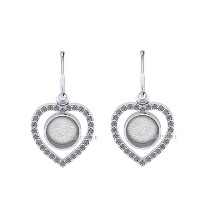 Heart with Zircon Setted 10mm Round Blank Bezel Dangle Earrings, 925 Sterling Silver, Good for Resin & Ashes, Breastmilk DIY, Keepsake Gifts