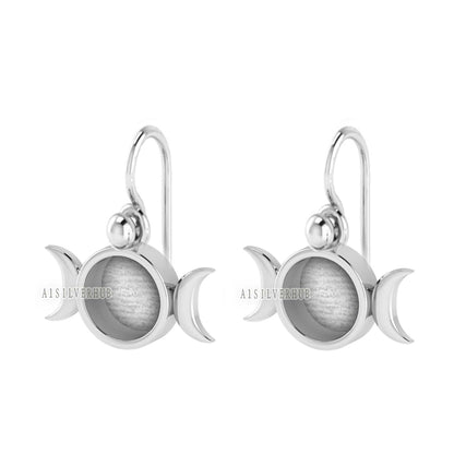 925 Sterling Silver Half Moon Designer Blank Bezel Round 8mm Dangle Earrings, Good for Resin & Ashes Work, Keepsake Memorial, Breastmilk DIY