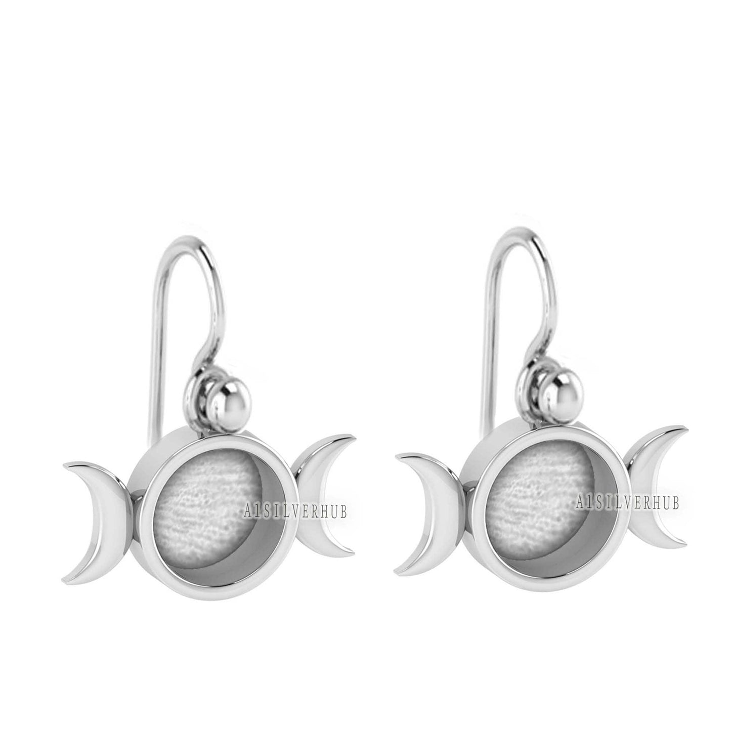 925 Sterling Silver Half Moon Designer Blank Bezel Round 8mm Dangle Earrings, Good for Resin & Ashes Work, Keepsake Memorial, Breastmilk DIY