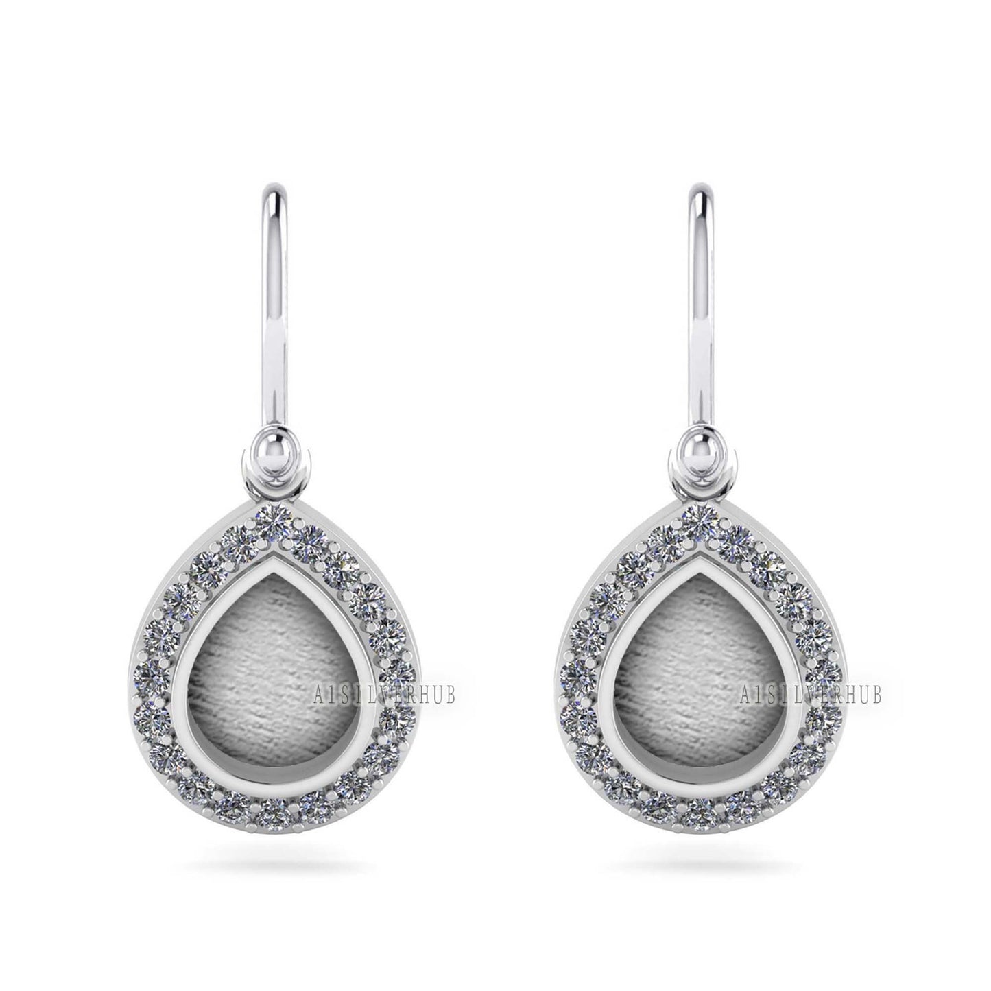 Pear Shape 8x10mm Blank Bezel Dangle Earrings Surrounded with CZ, 925 Sterling Silver, Good for Resin & Ashes Work, Keepsake Jewelry, Gifts