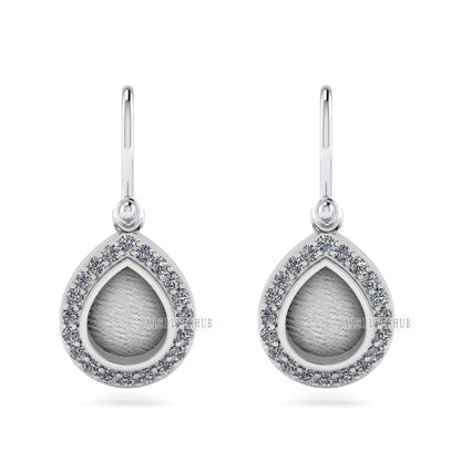 Pear Shape 8x10mm Blank Bezel Dangle Earrings Surrounded with CZ, 925 Sterling Silver, Good for Resin & Ashes Work, Keepsake Jewelry, Gifts