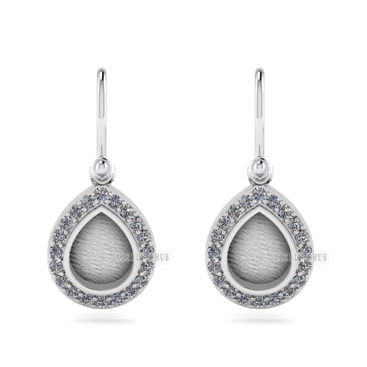 Pear Shape 8x10mm Blank Bezel Dangle Earrings Surrounded with CZ, 925 Sterling Silver, Good for Resin & Ashes Work, Keepsake Jewelry, Gifts
