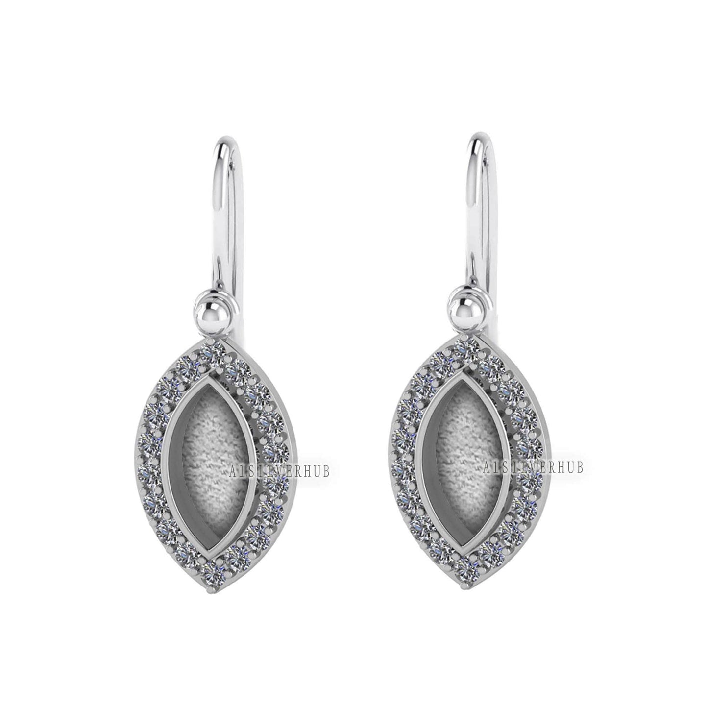 Marquise Shape 6x12mm Blank Bezel Dangle Earrings with CZ Setted, 925 Sterling Silver, Good for Resin & Ashes Work, Keepsake Jewelry Crafts