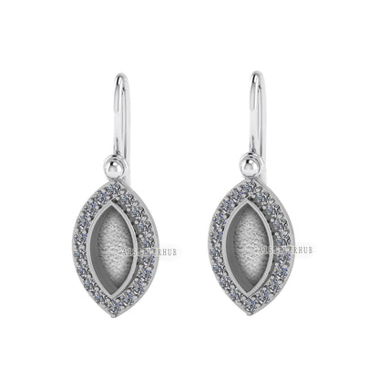 Marquise Shape 6x12mm Blank Bezel Dangle Earrings with CZ Setted, 925 Sterling Silver, Good for Resin & Ashes Work, Keepsake Jewelry Crafts