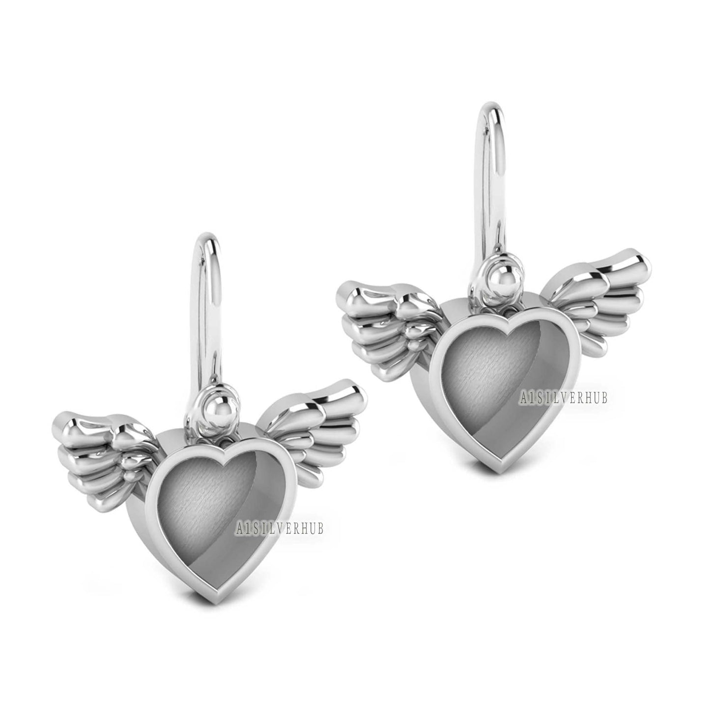 Angel Wings with Heart Shape Blank Bezel Dangle Earrings Setting, 925 Sterling Silver, Good for Resin & Ashes Work, Keepsake/Breastmilk DIY