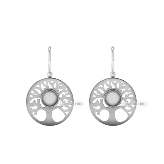 925 Sterling Silver Tree of Life Round Blank Bezel Dangle Earring Settings, For Pour Resin & Ashes Work, Keepsake/Breastmilk Memorial, Gifts