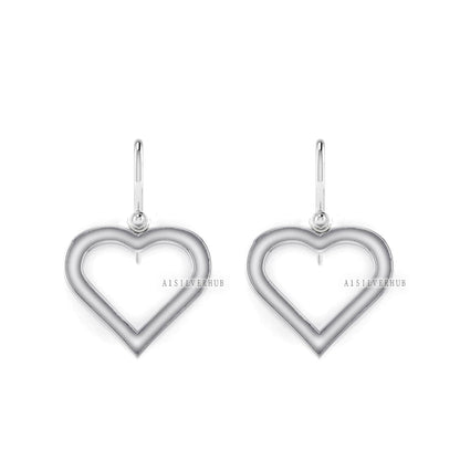 Love Heart Blank Bezel Dangle Earrings Setting, 925 Sterling Silver, Good for Pour Crushed Opal, Resin & Ashes Work, Keepsake Breastmilk DIY