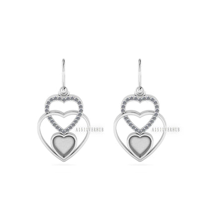 925 Sterling Silver, Triple Heart Design 8x8mm Blank Bezel Zircon Setted Earrings, Good for Stone, Resin & Ashes Work, Keepsake/Breastmilk