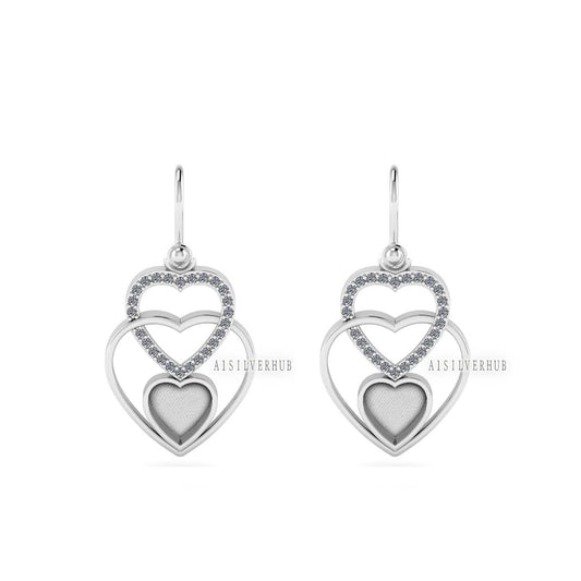 925 Sterling Silver, Triple Heart Design 8x8mm Blank Bezel Zircon Setted Earrings, Good for Stone, Resin & Ashes Work, Keepsake/Breastmilk