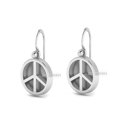 925 Sterling Solid Silver Peace Sign Blank Bezel Round Dangle Earrings, Good for Resin & Ashes Work, Keepsake/Breastmilk DIY, Memorial Gifts