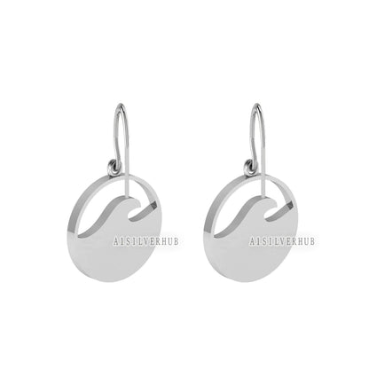 925 Sterling Solid Silver Ocean Wave Blank Bezel Round Dangle Earring, Good for Resin & Ashes Work, Keepsake/Breastmilk DIY,Memorial Jewelry