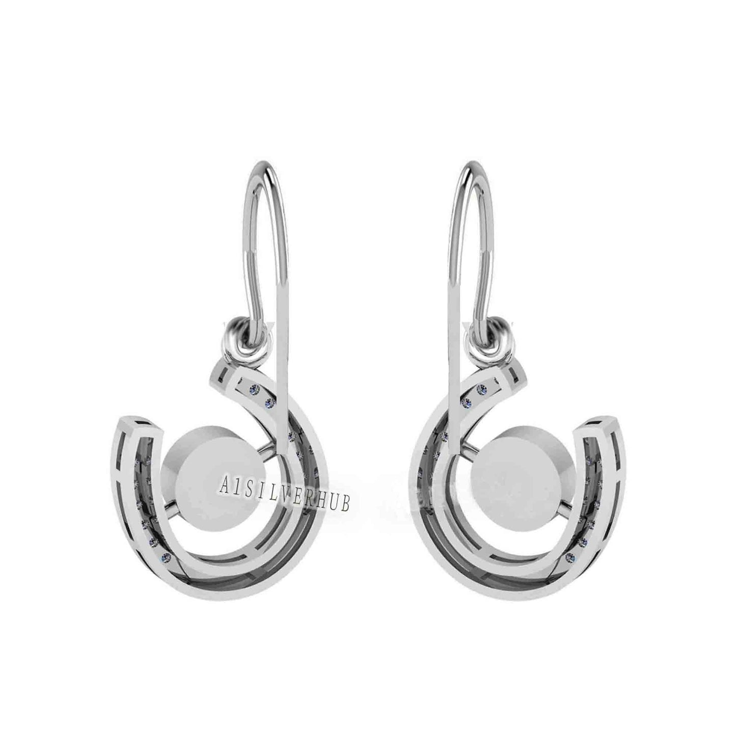 925 Sterling Silver, Horseshoe Luck Dangle Earring, Round 5mm Blank Bezel Setting, Good for Pour Resin & Ashes Work, Breastmilk/Keepsake DIY