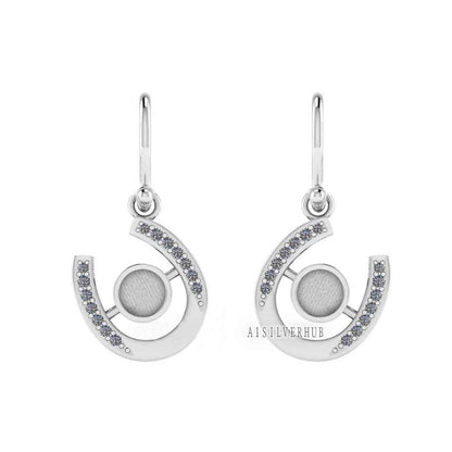 925 Sterling Silver, Horseshoe Luck Dangle Earring, Round 5mm Blank Bezel Setting, Good for Pour Resin & Ashes Work, Breastmilk/Keepsake DIY