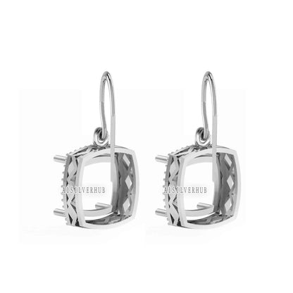 Solitaire Cushion Blank Pre Notched Dangle Earrings with Zircon Setted, 925 Sterling Silver Semi Mounting, Good for Gemstone, Memorial Gifts