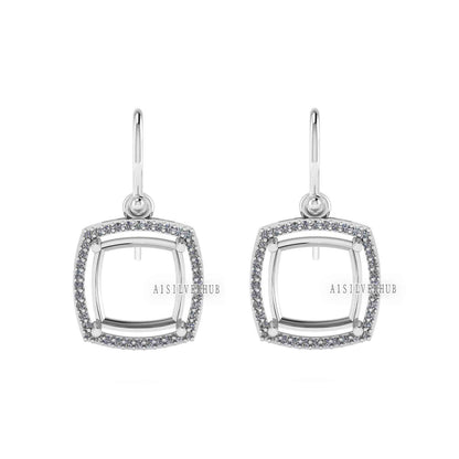 Solitaire Cushion Blank Pre Notched Dangle Earrings with Zircon Setted, 925 Sterling Silver Semi Mounting, Good for Gemstone, Memorial Gifts