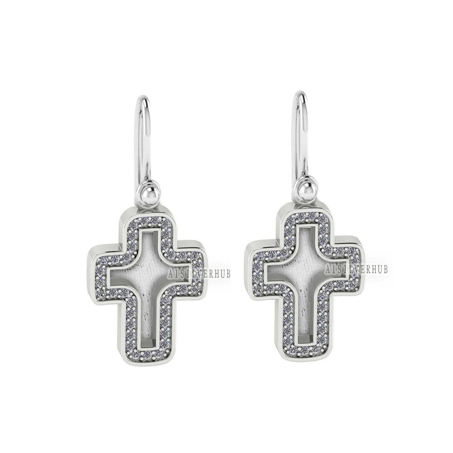 925 Sterling Solid Silver, Blank Bezel Cross Dangle Earrings with Zircon Setted, Good for Resin & Ashes Work, Keepsake Breastmilk DIY, Gifts