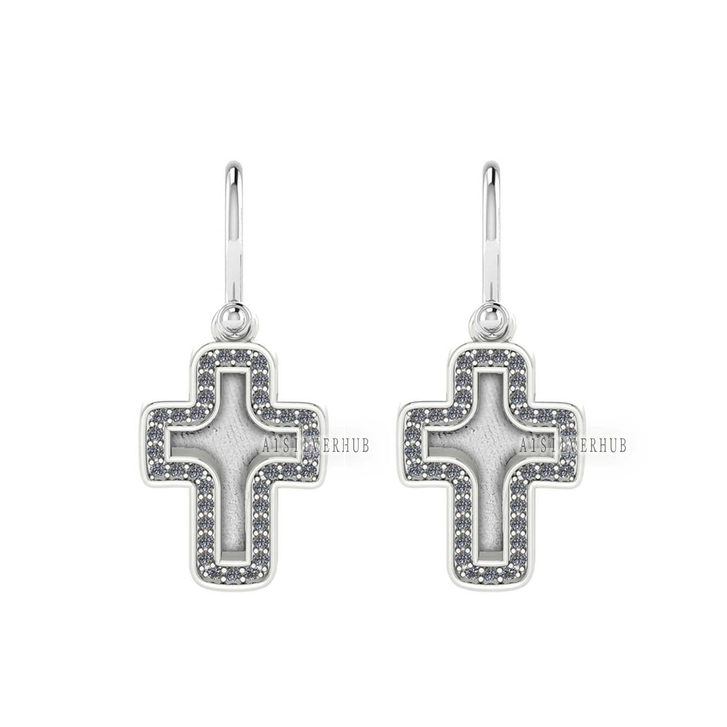 925 Sterling Solid Silver, Blank Bezel Cross Dangle Earrings with Zircon Setted, Good for Resin & Ashes Work, Keepsake Breastmilk DIY, Gifts