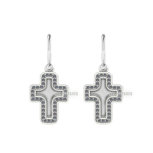 925 Sterling Solid Silver, Blank Bezel Cross Dangle Earrings with Zircon Setted, Good for Resin & Ashes Work, Keepsake Breastmilk DIY, Gifts
