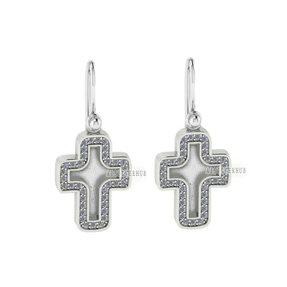 925 Sterling Solid Silver, Blank Bezel Cross Dangle Earrings with Zircon Setted, Good for Resin & Ashes Work, Keepsake Breastmilk DIY, Gifts