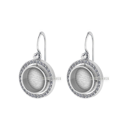 925 Sterling Silver Blank Bezel Round 10mm Surrounded with Zircon Dangle Earrings , Good for Resin & Ashes Work, Keepsake/Breast Milk Crafts