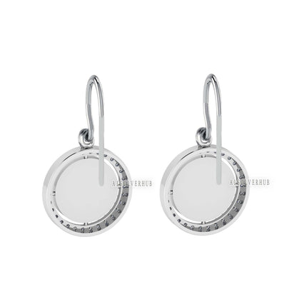 925 Sterling Silver Blank Bezel Round 10mm Surrounded with Zircon Dangle Earrings , Good for Resin & Ashes Work, Keepsake/Breast Milk Crafts