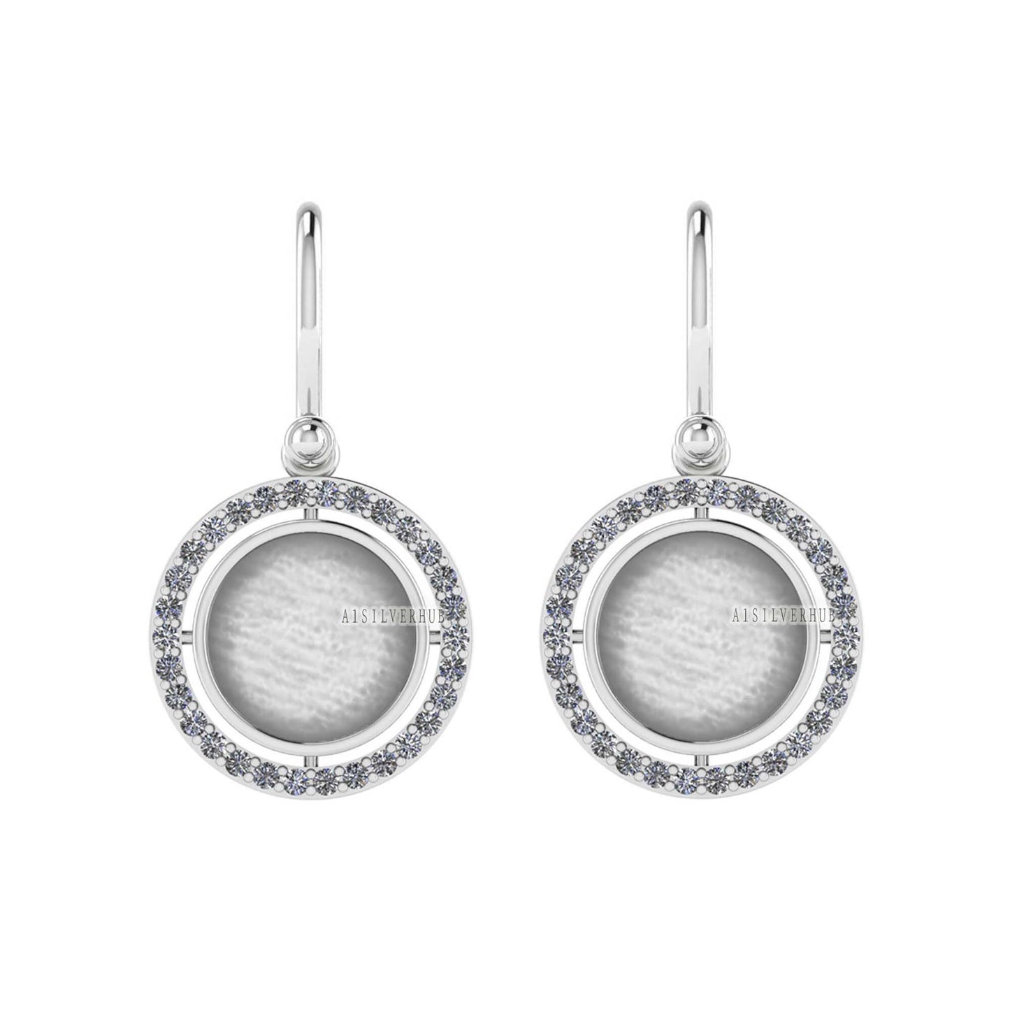 925 Sterling Silver Blank Bezel Round 10mm Surrounded with Zircon Dangle Earrings , Good for Resin & Ashes Work, Keepsake/Breast Milk Crafts