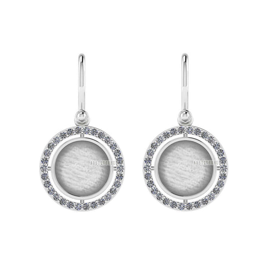 925 Sterling Silver Blank Bezel Round 10mm Surrounded with Zircon Dangle Earrings , Good for Resin & Ashes Work, Keepsake/Breast Milk Crafts
