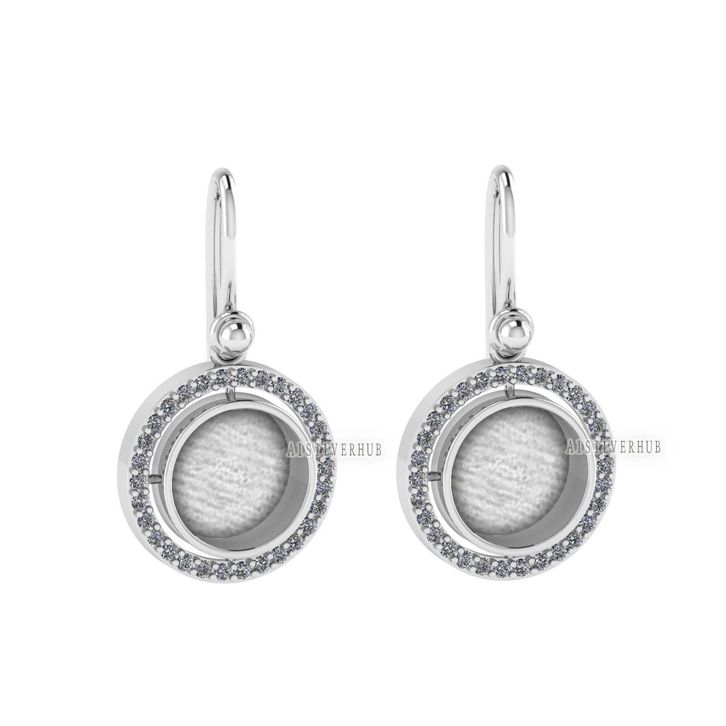 925 Sterling Silver Blank Bezel Round 10mm Surrounded with Zircon Dangle Earrings , Good for Resin & Ashes Work, Keepsake/Breast Milk Crafts