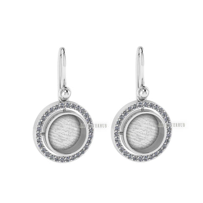 925 Sterling Silver Blank Bezel Round 10mm Surrounded with Zircon Dangle Earrings , Good for Resin & Ashes Work, Keepsake/Breast Milk Crafts
