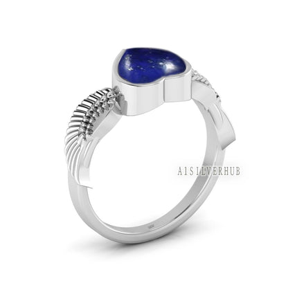 925 Sterling Solid Silver 8x8mm Heart Lapis Lazuli Angel Wings Band Ring, Handmade Ring, Stackable Women Rings, Gifts For Her, Ring For Sale