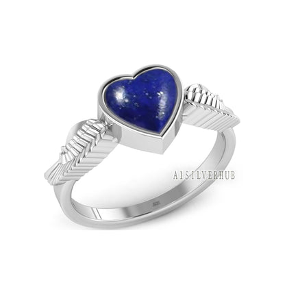 925 Sterling Solid Silver 8x8mm Heart Lapis Lazuli Angel Wings Band Ring, Handmade Ring, Stackable Women Rings, Gifts For Her, Ring For Sale